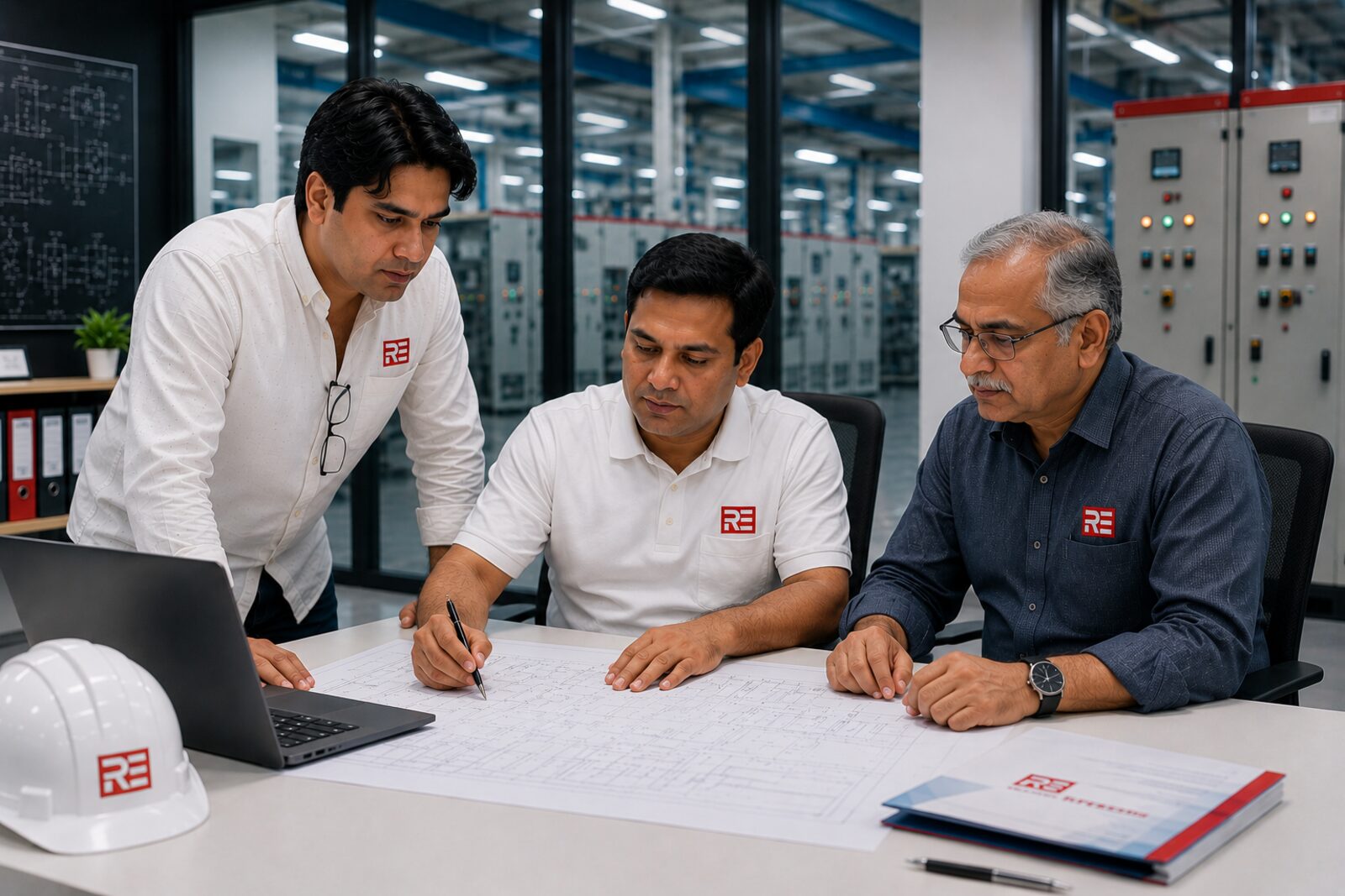 Engineering team reviewing a technical schematic