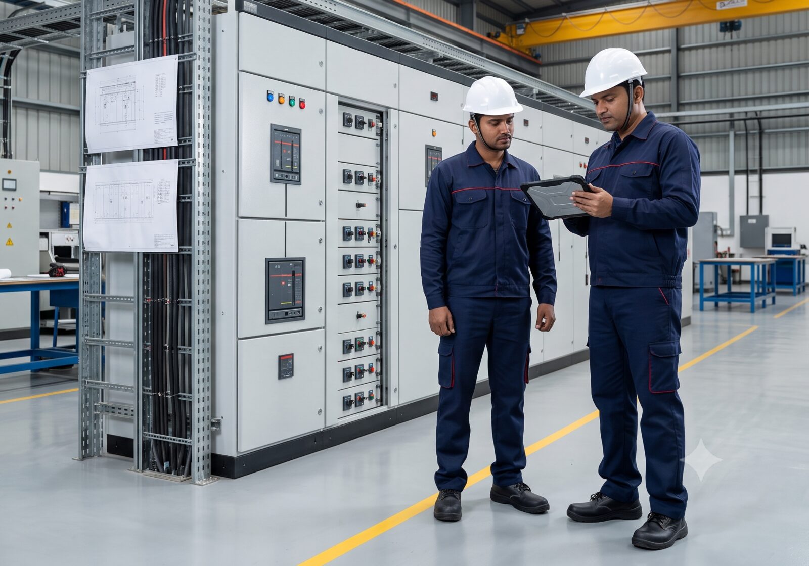 Technicians inspecting a switchgear panel on the factory floor