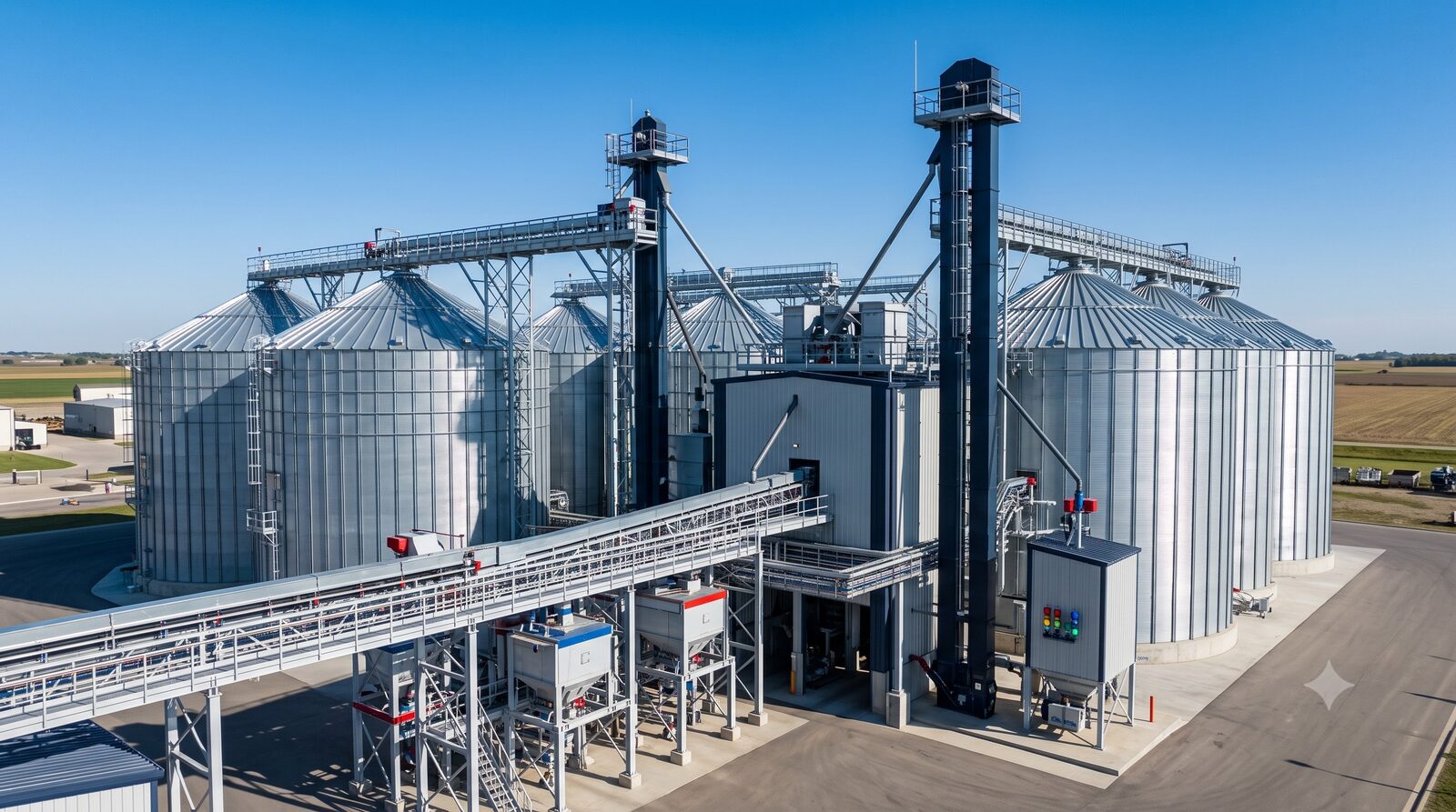 Modern grain storage silo facility with conveyors and bucket elevators